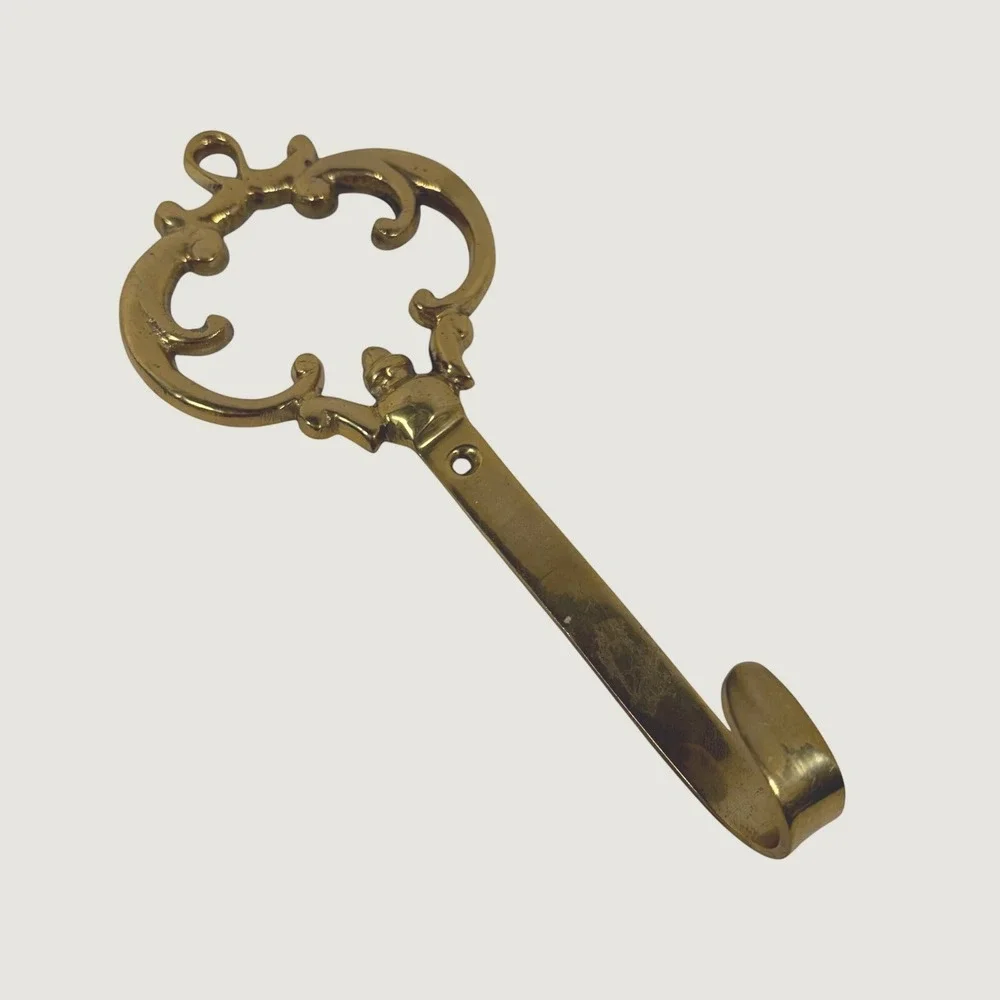 Vintage Ornate Solid Brass Wall Hook Scrolled Openwork Made in India 7.5 Inch